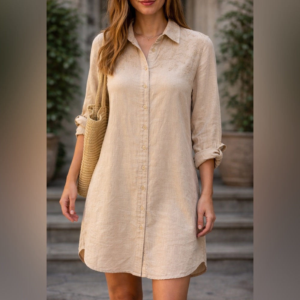 Beige Linen Button-Up Shirt with Embroidery